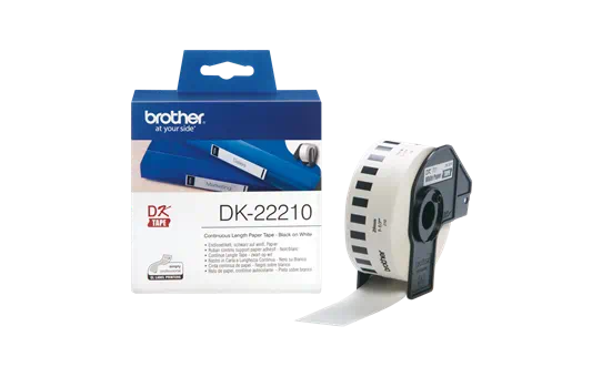Brother DK22210: оригинальная кассета с непрерывной бумажной лентой для печати наклеек черным на белом фоне, ширина: 29 мм.